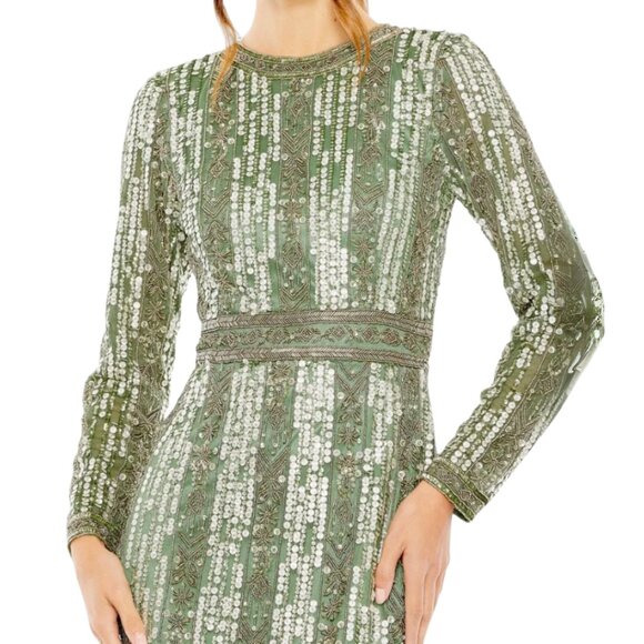 Mac Duggal 5981 Size 18 Green High Neck Long Sleeve Fringe Column Gown Dress NWT - Picture 3 of 4